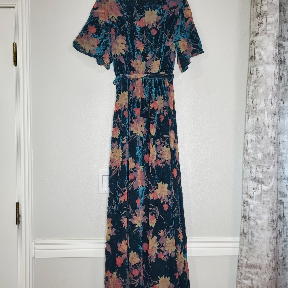 Baltic Born Lydia Teal Floral Velvet Maxi Dress Small Short Sleeve V-Neck - Picture 5 of 14